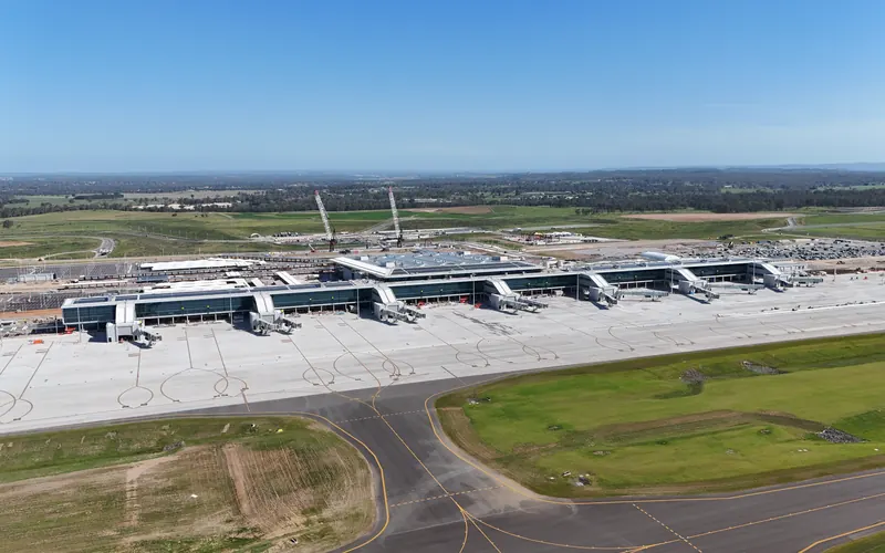 Aerial view of the Western Sydney International Airport terminal and apron at Badgerys Creek
